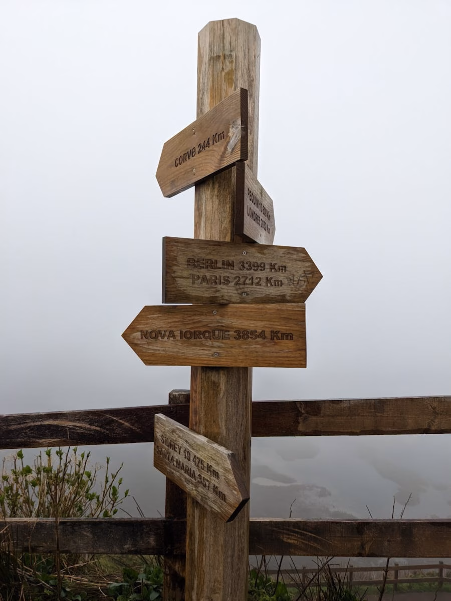 A wooden signpost pointing to major cities in a misty mountain setting. Perfect for travel themes.
